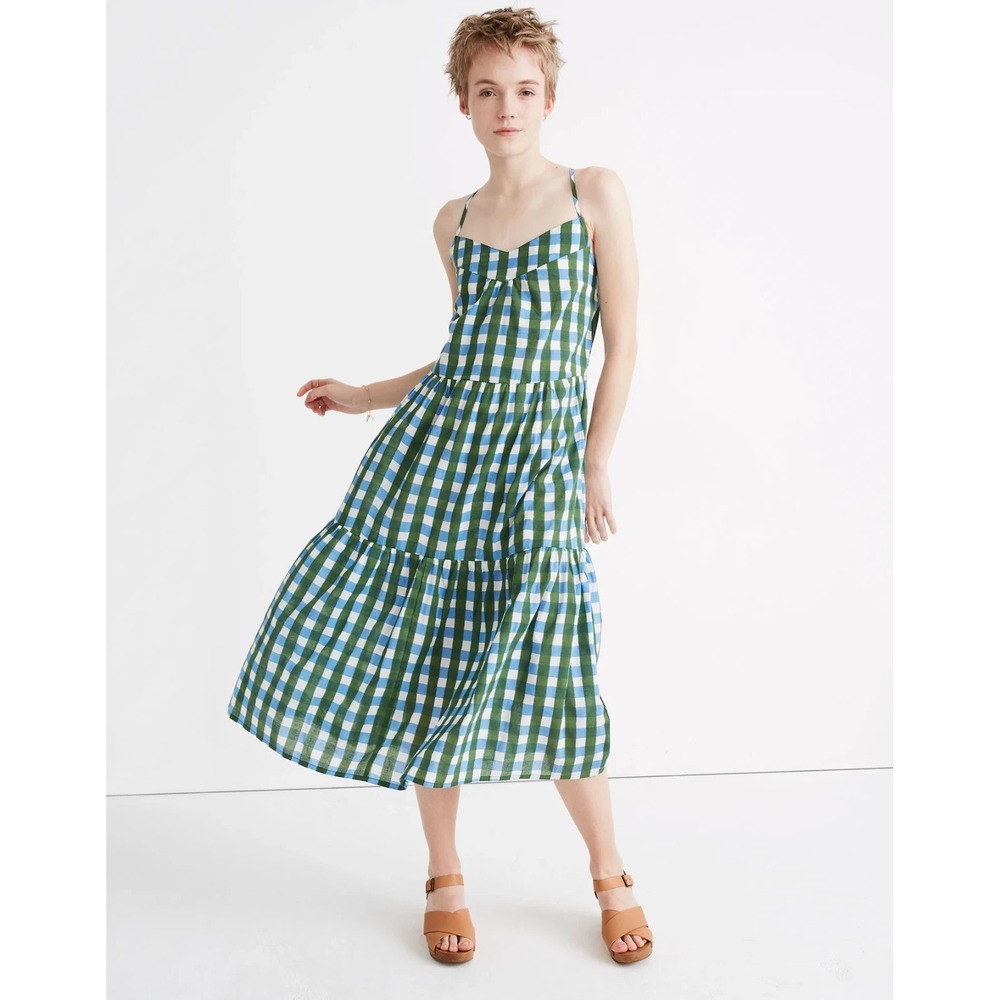 SZ Blockprints Divya Gingham Cottagecore, Picnic Midi Dress  Neck Sz L